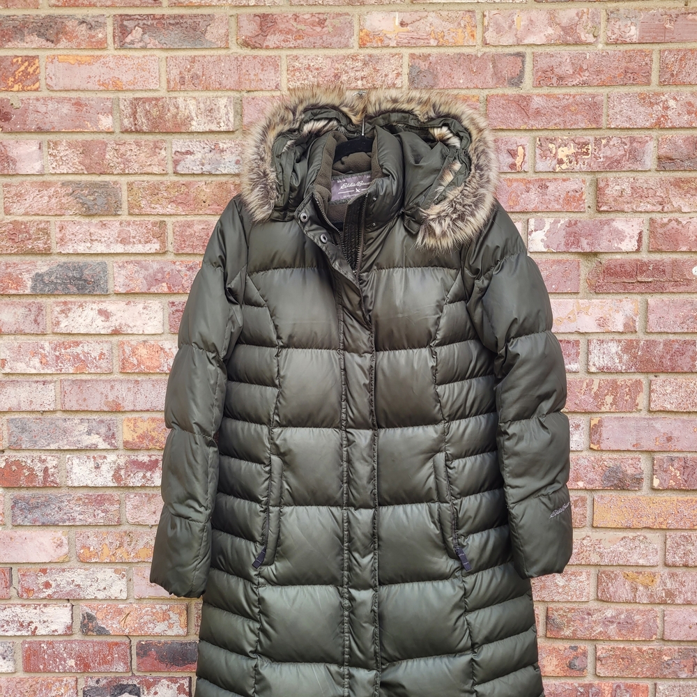 Eddie Bauer Lodge Dark Green Hooded Down Duffle Coat with Faux Fur Trim - Picture 2 of 12